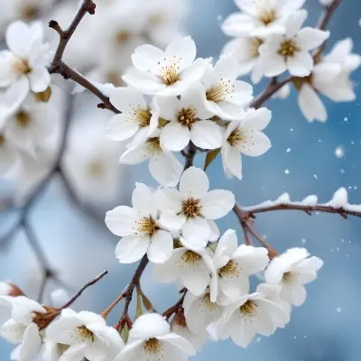 Snowy Tree Branches With White Blossoms Against A Blurred Blue Background With Falling Snowflakes 8 C10a