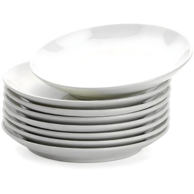Stack Of Ten White Ceramic Plates Simple Design Uniform Size Smooth Surface Minimalist Aesthetic Clean Presentation White Background 14 E149