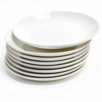 Stack Of Ten White Ceramic Plates Simple Design Uniform Size Smooth Surface Minimalist Aesthetic Clean Presentation White Background 15 473a