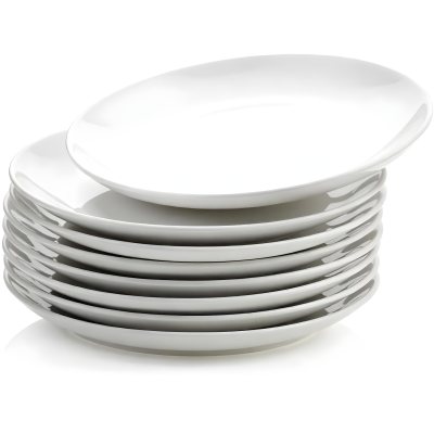 Stack Of Ten White Ceramic Plates Simple Design Uniform Size Smooth Surface Minimalist Aesthetic Clean Presentation White Background 16 Cb42
