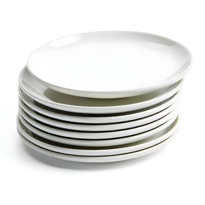 Stack Of Ten White Ceramic Plates Simple Design Uniform Size Smooth Surface Minimalist Aesthetic Clean Presentation White Background 18 9834