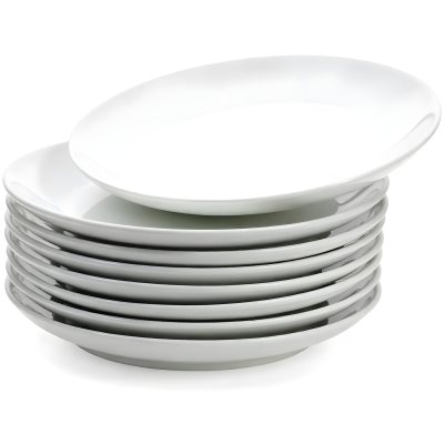 Stack Of Ten White Ceramic Plates Simple Design Uniform Size Smooth Surface Minimalist Aesthetic Clean Presentation White Background 21 Cdca