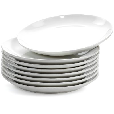 Stack Of Ten White Ceramic Plates Simple Design Uniform Size Smooth Surface Minimalist Aesthetic Clean Presentation White Background 23 5853