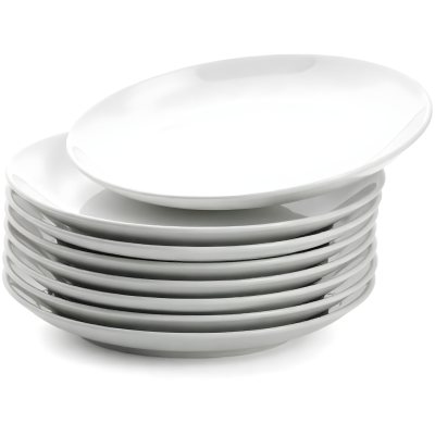 Stack Of Ten White Ceramic Plates Simple Design Uniform Size Smooth Surface Minimalist Aesthetic Clean Presentation White Background 24 383c