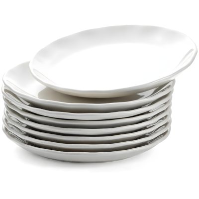 Stack Of Ten White Ceramic Plates Simple Design Uniform Size Smooth Surface Minimalist Aesthetic Clean Presentation White Background 26 5daf