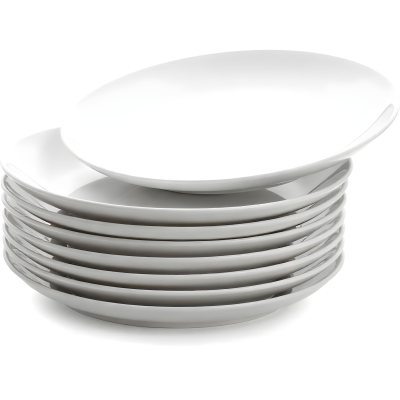 Stack Of Ten White Ceramic Plates Simple Design Uniform Size Smooth Surface Minimalist Aesthetic Clean Presentation White Background 29 9f31