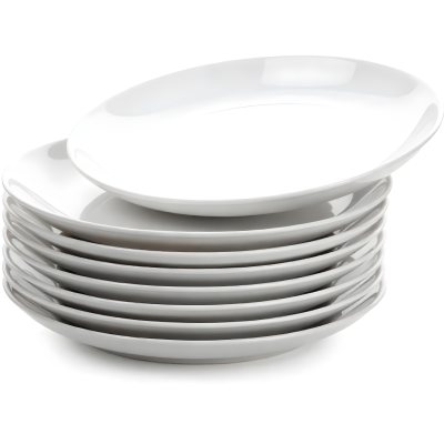 Stack Of Ten White Ceramic Plates Simple Design Uniform Size Smooth Surface Minimalist Aesthetic Clean Presentation White Background 32 1498