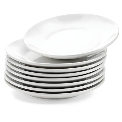Stack Of Ten White Ceramic Plates Simple Design Uniform Size Smooth Surface Minimalist Aesthetic Clean Presentation White Background 39 132c