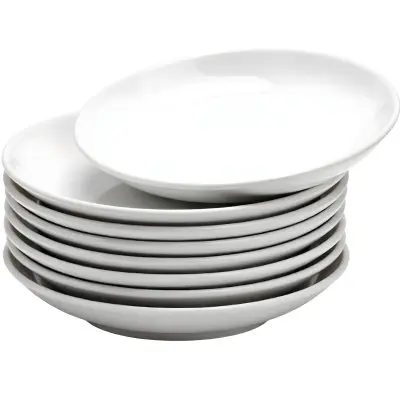 Stack Of Ten White Ceramic Plates Simple Design Uniform Size Smooth Surface Minimalist Aesthetic Clean Presentation White Background 40 3fc5