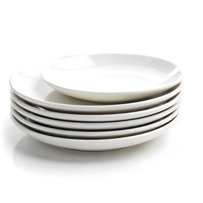 Stack Of Ten White Ceramic Plates Simple Design Uniform Size Smooth Surface Minimalist Aesthetic Clean Presentation White Background 41 2f75
