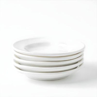 Stack Of Ten White Ceramic Plates Simple Design Uniform Size Smooth Surface Minimalist Aesthetic Clean Presentation White Background 42 B3b2