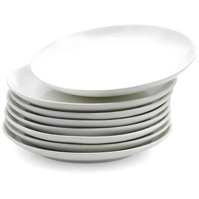 Stack Of Ten White Ceramic Plates Simple Design Uniform Size Smooth Surface Minimalist Aesthetic Clean Presentation White Background 6 18c4