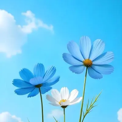 Three Cosmos Flowers Two Blue And One Blue With White Centers Against A Vibrant Blue Sky With Soft Scattered Clouds Creating A Cheerful And Vibrant Floral Scene 11 E2dd