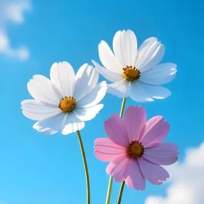 Three Cosmos Flowers Two Blue And One Blue With White Centers Against A Vibrant Blue Sky With Soft Scattered Clouds Creating A Cheerful And Vibrant Floral Scene 15 4d33