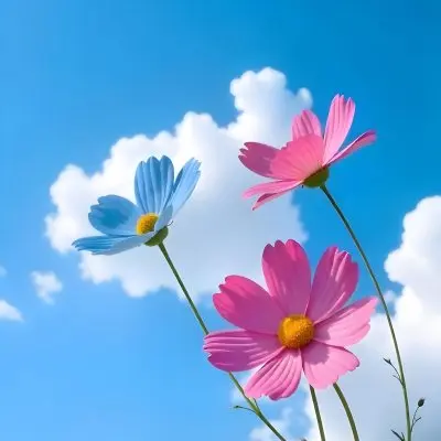 Three Cosmos Flowers Two Blue And One Blue With White Centers Against A Vibrant Blue Sky With Soft Scattered Clouds Creating A Cheerful And Vibrant Floral Scene 2 3372