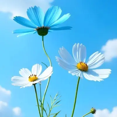 Three Cosmos Flowers Two Blue And One Blue With White Centers Against A Vibrant Blue Sky With Soft Scattered Clouds Creating A Cheerful And Vibrant Floral Scene 20 0f92