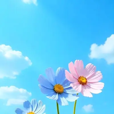 Three Cosmos Flowers Two Blue And One Blue With White Centers Against A Vibrant Blue Sky With Soft Scattered Clouds Creating A Cheerful And Vibrant Floral Scene 22 5a4d