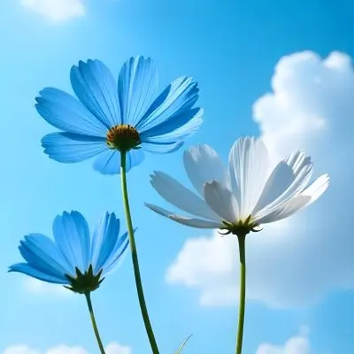 Three Cosmos Flowers Two Blue And One Blue With White Centers Against A Vibrant Blue Sky With Soft Scattered Clouds Creating A Cheerful And Vibrant Floral Scene 25 Bd7b