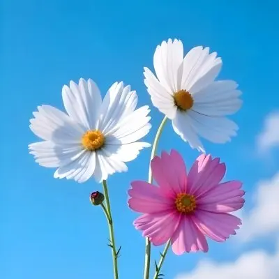 Three Cosmos Flowers Two Blue And One Blue With White Centers Against A Vibrant Blue Sky With Soft Scattered Clouds Creating A Cheerful And Vibrant Floral Scene 27 52c2