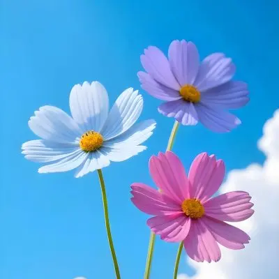 Three Cosmos Flowers Two Blue And One Blue With White Centers Against A Vibrant Blue Sky With Soft Scattered Clouds Creating A Cheerful And Vibrant Floral Scene 28 8ba5