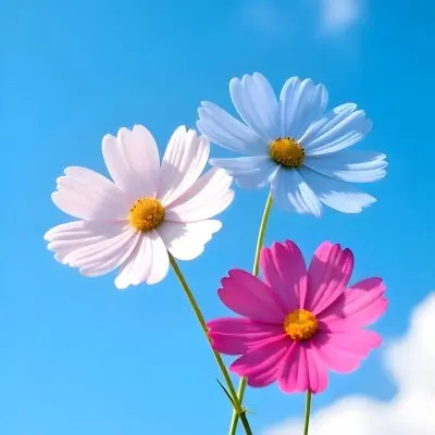 Three Cosmos Flowers Two Blue And One Blue With White Centers Against A Vibrant Blue Sky With Soft Scattered Clouds Creating A Cheerful And Vibrant Floral Scene 29 B2de