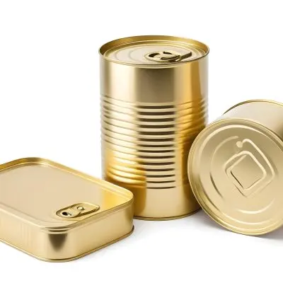 Three Golden Cans Of Different Shapes And Sizes One