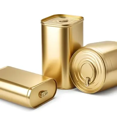 Three Golden Cans Of Different Shapes And Sizes One Rectangular One Cylindrical And One Circular On A White Background 12 7a5b