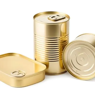 Three Golden Cans Of Different Shapes And Sizes One Rectangular One Cylindrical And One Circular On A White Background 13 Ef5d
