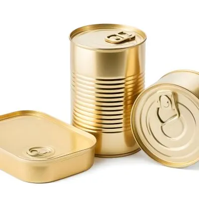 Three Golden Cans Of Different Shapes And Sizes One Rectangular One Cylindrical And One Circular On A White Background 15 4d49