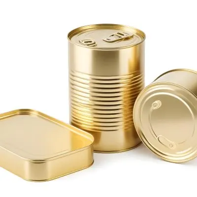 Three Golden Cans Of Different Shapes And Sizes One Rectangular One Cylindrical And One Circular On A White Background 16 17fc