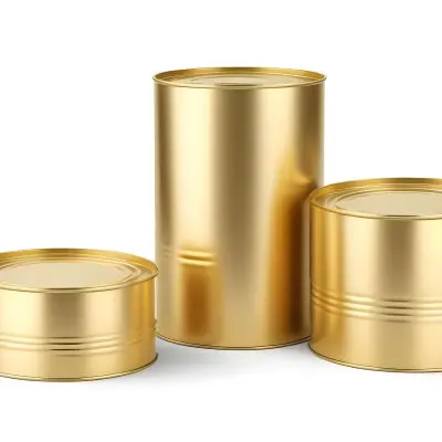 Three Golden Cans Of Different Shapes And Sizes One Rectangular One Cylindrical And One Circular On A White Background 18 C358