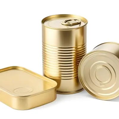 Three Golden Cans Of Different Shapes And Sizes One Rectangular One Cylindrical And One Circular On A White Background 2 5225