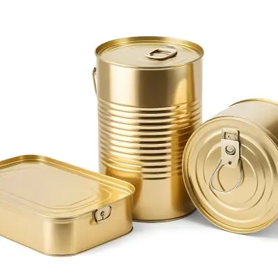 Three Golden Cans Of Different Shapes And Sizes One Rectangular One Cylindrical And One Circular On A White Background 3 3eb8