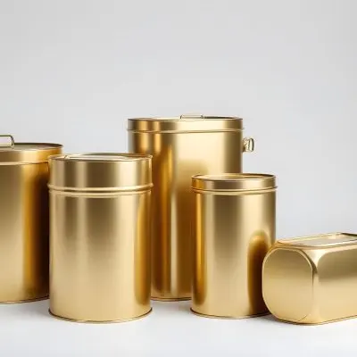 Three Golden Cans Of Different Shapes And Sizes One Rectangular One Cylindrical And One Circular On A White Background 7 6be4