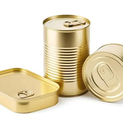 Three Golden Cans Of Different Shapes And Sizes One Rectangular One Cylindrical And One Circular On A White Background 9 157b