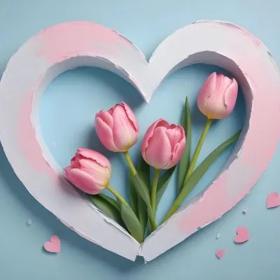 Three Pink Tulips Inside A Heart Shaped Hole With Some Paper Hearts Around In A Light Blue Background 13 62c3