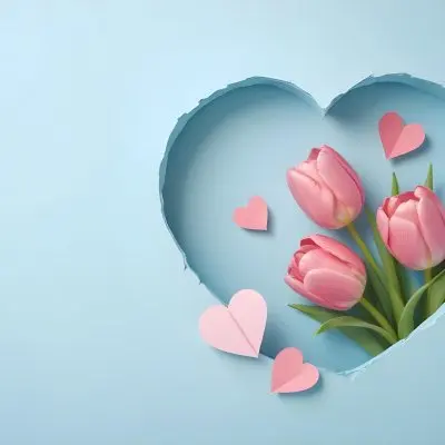 Three Pink Tulips Inside A Heart Shaped Hole With Some Paper Hearts Around In A Light Blue Background 14 21fd