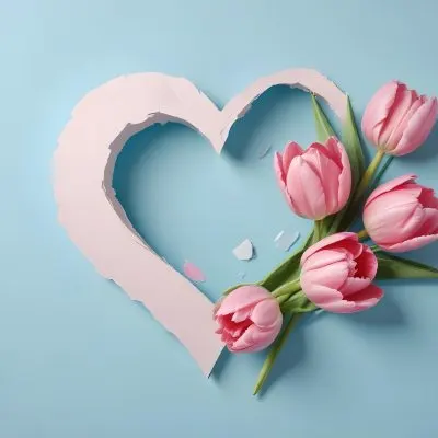 Three Pink Tulips Inside A Heart Shaped Hole With Some Paper Hearts Around In A Light Blue Background 16 Ddc0