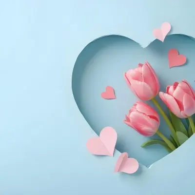 Three Pink Tulips Inside A Heart Shaped Hole With Some Paper Hearts Around In A Light Blue Background 2 A942