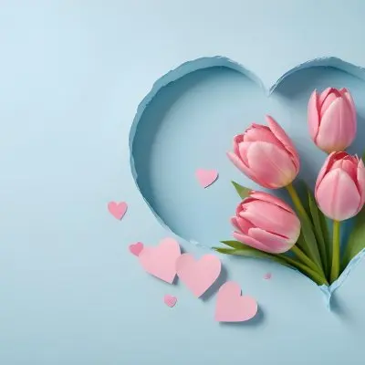 Three Pink Tulips Inside A Heart Shaped Hole With Some Paper Hearts Around In A Light Blue Background 26 Dbb5