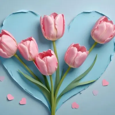 Three Pink Tulips Inside A Heart Shaped Hole With Some Paper Hearts Around In A Light Blue Background 28 6c04