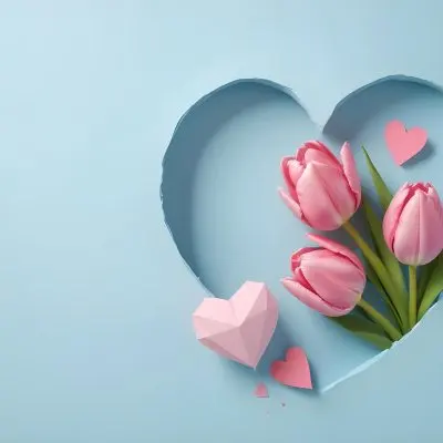 Three Pink Tulips Inside A Heart Shaped Hole With Some Paper Hearts Around In A Light Blue Background 29 F390