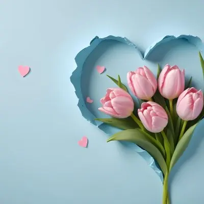 Three Pink Tulips Inside A Heart Shaped Hole With Some Paper Hearts Around In A Light Blue Background 3 Dda2