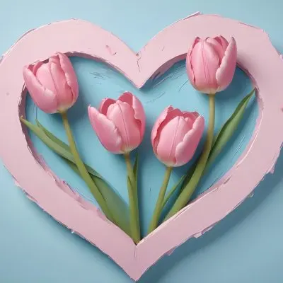 Three Pink Tulips Inside A Heart Shaped Hole With Some Paper Hearts Around In A Light Blue Background 30 B8c8