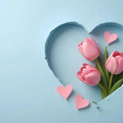 Three Pink Tulips Inside A Heart Shaped Hole With Some Paper Hearts Around In A Light Blue Background 31 8795