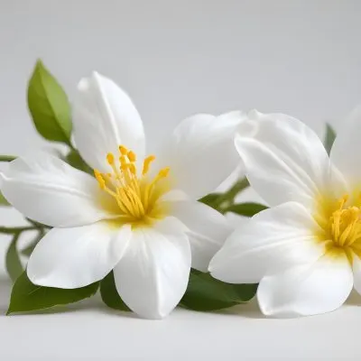 Two Jasmine Flowers With Yellow Petals And White Stamens Close Up Shot Soft Lighting Against A Plain White Background Focus On The Delicate Details Of The Flower 24 5340