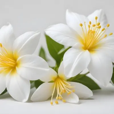 Two Jasmine Flowers With Yellow Petals And White Stamens Close Up Shot Soft Lighting Against A Plain White Background Focus On The Delicate Details Of The Flower 26 Cd8c