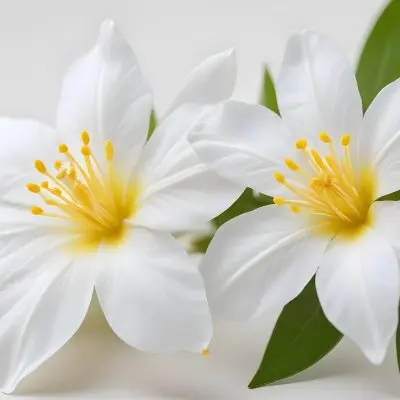Two Jasmine Flowers With Yellow Petals And White Stamens Close Up Shot Soft Lighting Against A Plain White Background Focus On The Delicate Details Of The Flower 33 D397