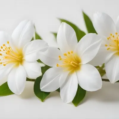 Two Jasmine Flowers With Yellow Petals And White Stamens Close Up Shot Soft Lighting Against A Plain White Background Focus On The Delicate Details Of The Flower 35 7a16