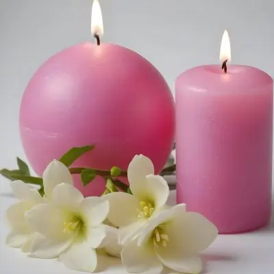 Two White Candles With White Flowers In A White Background One Candle Is Spherical And The Other Is Cylindrical 2 6169